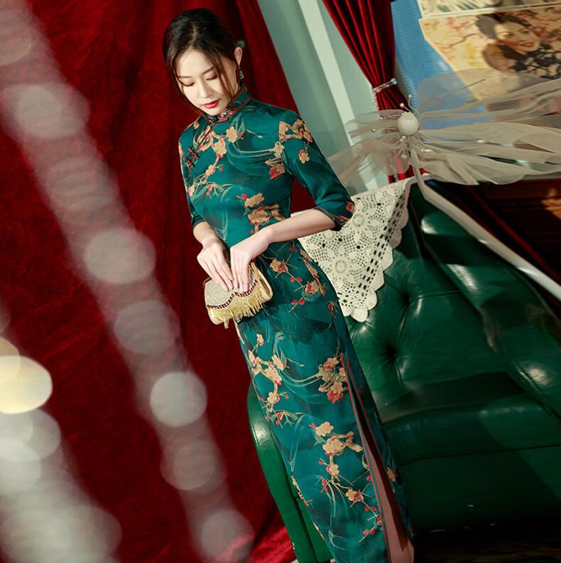 ロング丈チャイナドレス レディースワンピース 五分袖チャイナドレス 華流ドレス 花柄 チャイナボタン ダークグリーン スリット ダンス衣装 優雅 中華古典風 細見え 撮影 二次会 演奏会 ハロウィンパ