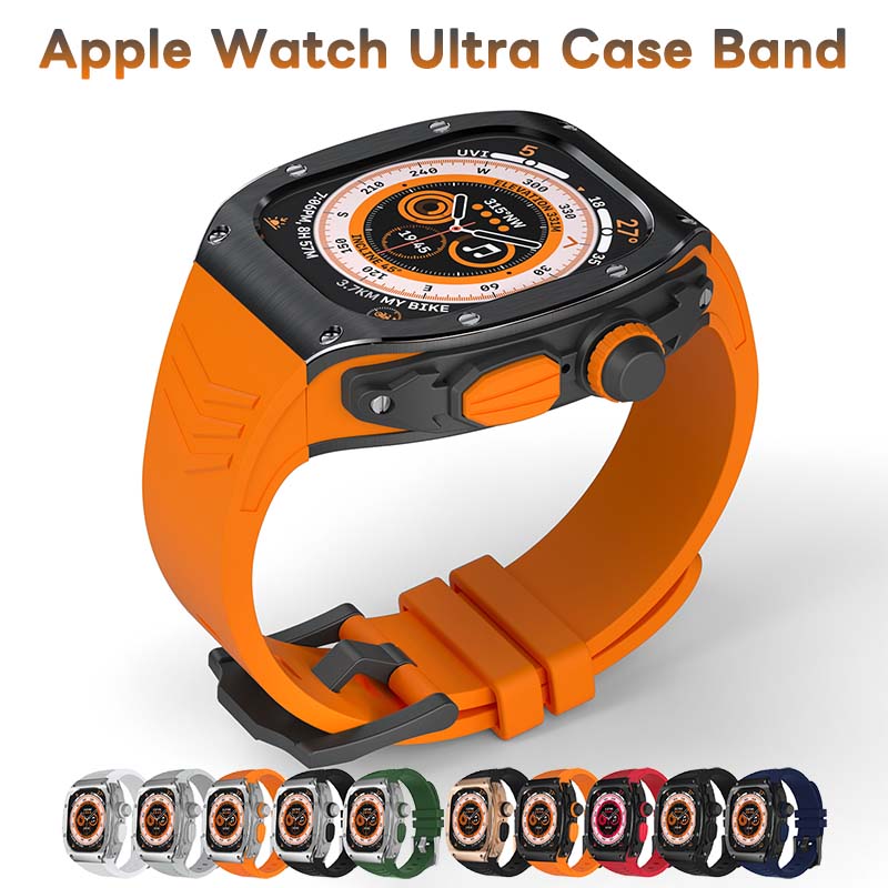 Apple Watch Case Band アップルウォッチ ケースバンド ステレンス 一体型 49mm ラバーベルト 替えベルト バンド カバー付き 高耐久 頑丈なケース シリコンストラップ 一体型