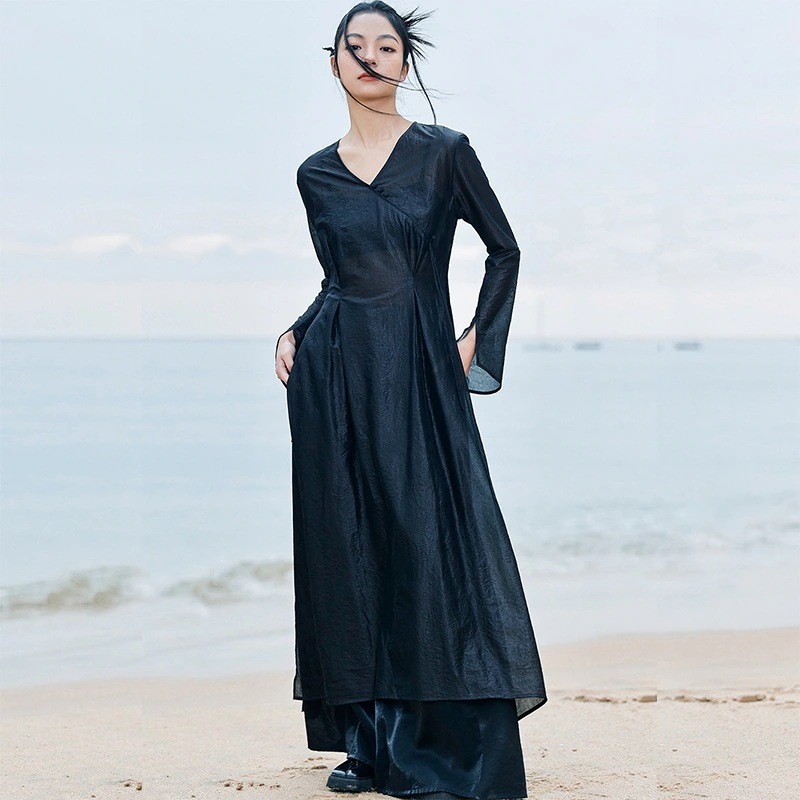 チャイナ風ワンピース ロング Vネック シャツワンピース スリットワンピース 改良チャイナドレス 長袖 中華服 ブラック