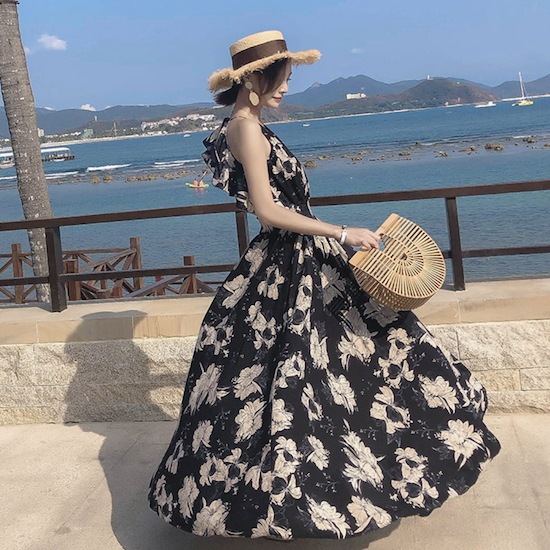 【取寄：納期2週間】ワンピース ロング丈 レディース マキシ丈 背中開き Vネック シフォン ノースリーブ ビーチ ホルターネック ワンピース ロング丈 レディース マキシ丈 背中開き Vネック