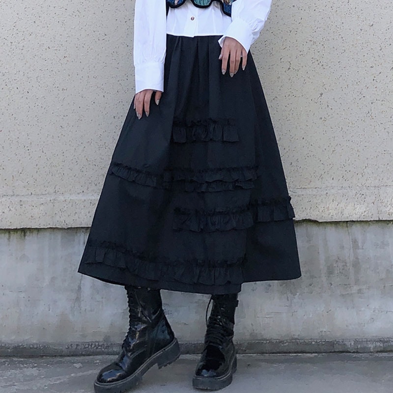 レディースルーズブラックスカート春秋ラージサイズ新作イレギュラーファッショントレンド菌エッジステッチAラインスカートルーズラージサイズカジュアルレディーススカート無地シンプルで用途の広いファッション