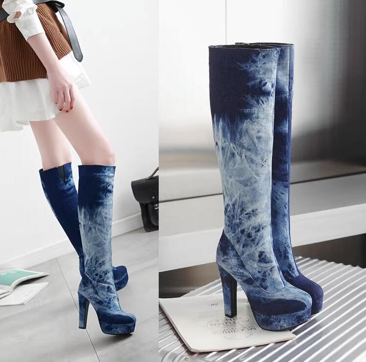 厚底ブーツ ロングブーツ デニムブーツ 美脚 ブーツ コスプレ 太ヒール 靴 レディース 女性 カジュアル 靴 シューズ 秋 冬 おしゃれ かわいい 10代 20代 30代 40代
