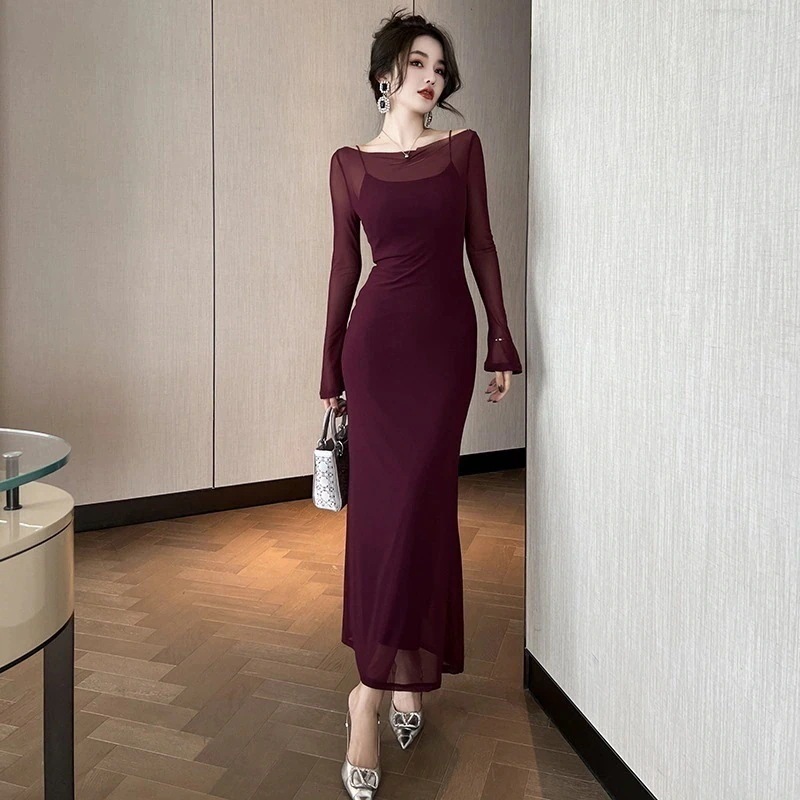 タイトワンピース 二次会 レース ロングワンピース ドレス メッシュ 結婚式 セクシー ウェディング 演奏会 パーティードレス 披露宴 FZ キャミワンピースワンピース スリミング 発表会 二点セット