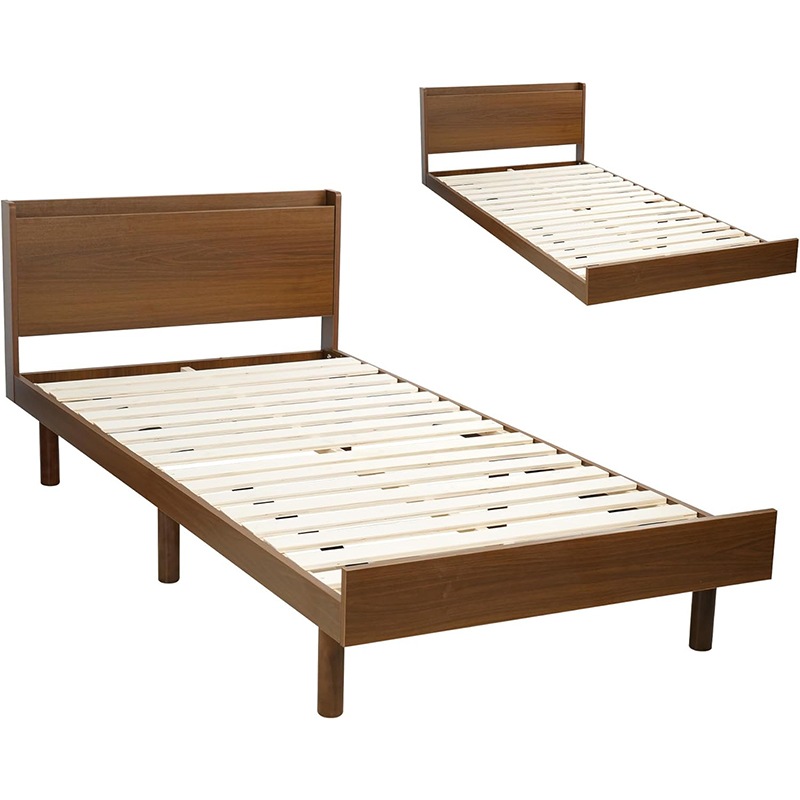 ベッドフレーム シングル 木製 すのこ ベッド 2口コンセント付き 宮棚 高さ調整 北欧風 一人暮らし ベッド下収納可