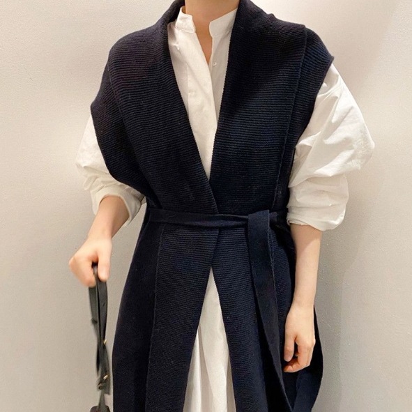 2点セット トップス ベスト ジレ ワンピース 袖なし 襟なし ロング丈 Vネック シャツワンピース ミモレ丈 長袖 サイドスリット かわいい 大人可愛い きれいめ シンプル 大人 上品 おしゃれシャツワンピ