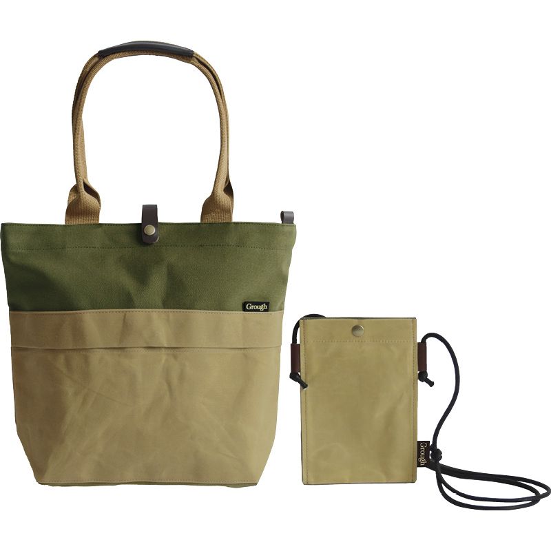 パラフィン加工帆布xレザー トートバッグ&スマホミニショルダー ベージュxカーキ