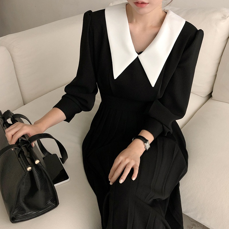 個性的 着痩せ ドレス ワンピース 二次会ドレス Aラインドレス ミモレ丈 7分袖 Vネック 襟付き Aライン フレア ウエストマーク ハイウエスト 伸縮性 かわいい 大人可愛い きれいめ シンプル