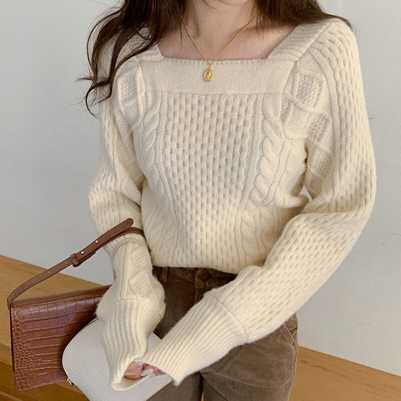 ３色 トップス カットソー ニット セーター プルオーバー レディース 秋冬 かわいい きれいめ カジュアル レギュラー丈 長袖 スクエアネック スリム タイト 細身 ストレート ケーブルニット シン