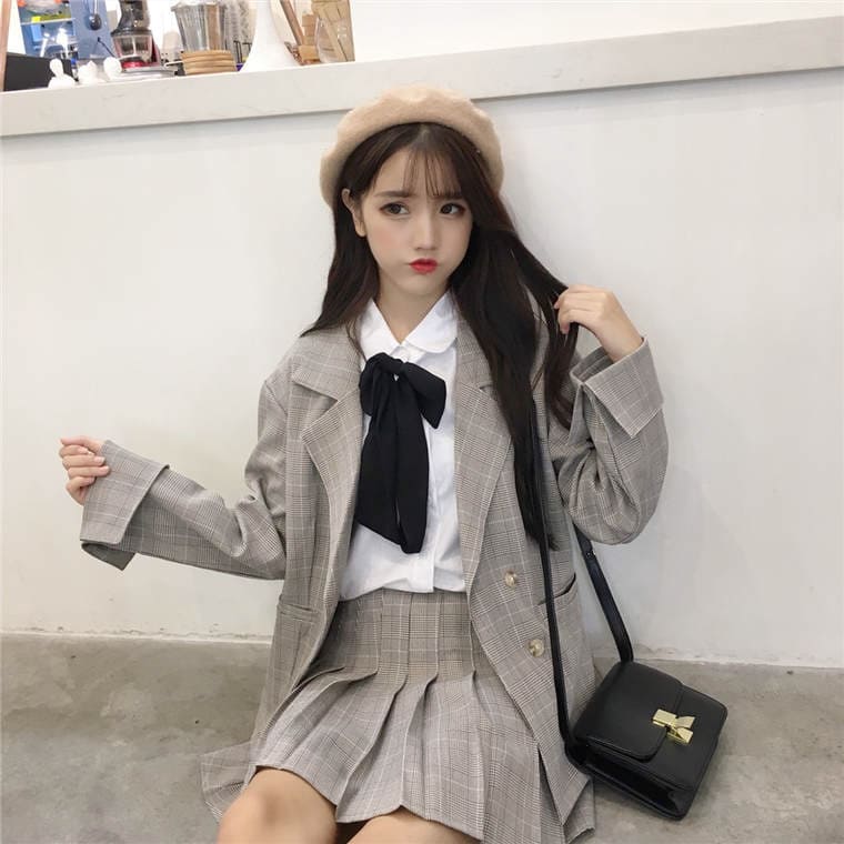 セットアップ レディース 高校生 中学生 ガーリー 制服風 コーデ 3点セット シャツ チェック柄