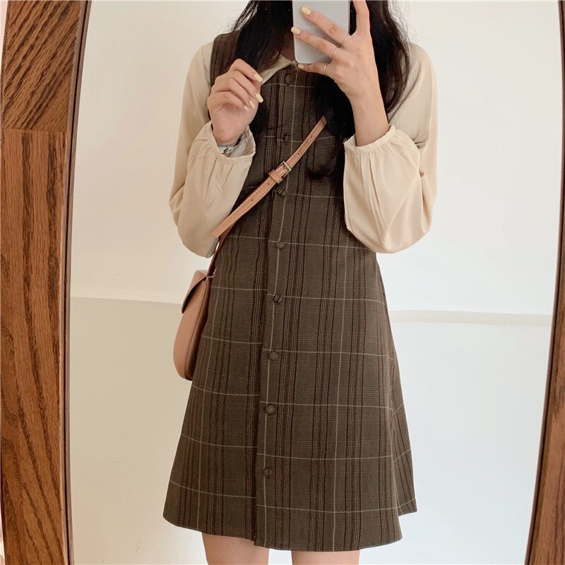 セットアップ レディース 長袖 シャツ S M L XL 韓国 ブラウス チェック柄 ジャンバースカート ショート ショート丈 ミニ丈 2点セット ツーピース かわいい 大人可愛い きれいめ おしゃれ