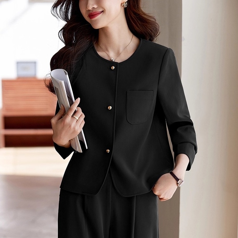 ジャケット アウター ノーカラージャケット ノーカラー金釦ジャケット 金ボタンニットカーディガン ノーカラー ラウンドネック クルーネック ショート丈 長袖 無地 ゴールドボタン 襟なし レディース