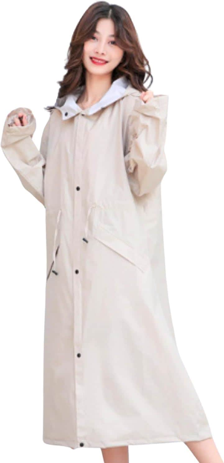 選べる着丈2種類／膝丈/ロング丈 レインコート おしゃれ レディース 通勤 通学 かわいい 撥水 防水 フード 自転車 バイク 梅雨 袋付き 長め(ロング丈/ベージュ, L)