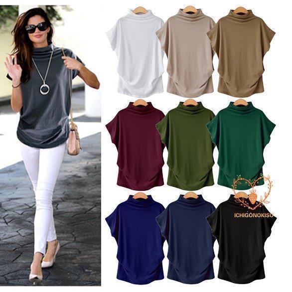 【超お得1つ買うと10個もらえる】Tシャツ ブラウス トップス 半袖 レディース 春 夏 ベーシック ゆったり ハイネック フレンチスリーブ きれいめ 定番　100％コットン 大