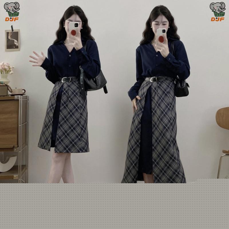 春秋シーズンに最適 女性 レディース 大きいサイズ ゆったり ふくよかな方 上品な高級感 シャツワンピースとスカートのツーピースセットアップ 2点セット