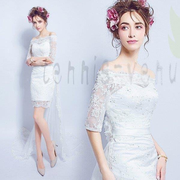 ウェディングドレス 半袖 二次会 安い トレーンドレス 前ミニ ロングドレス 結婚式 花嫁 パーティドレス