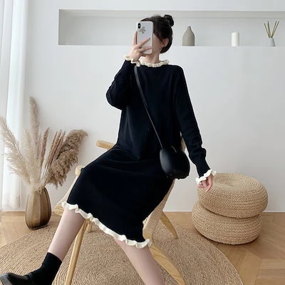 ワンピース 秋冬 レディース ロングワンピ 長袖 ニットワンピ プルオーバー フリル ブラック ロン