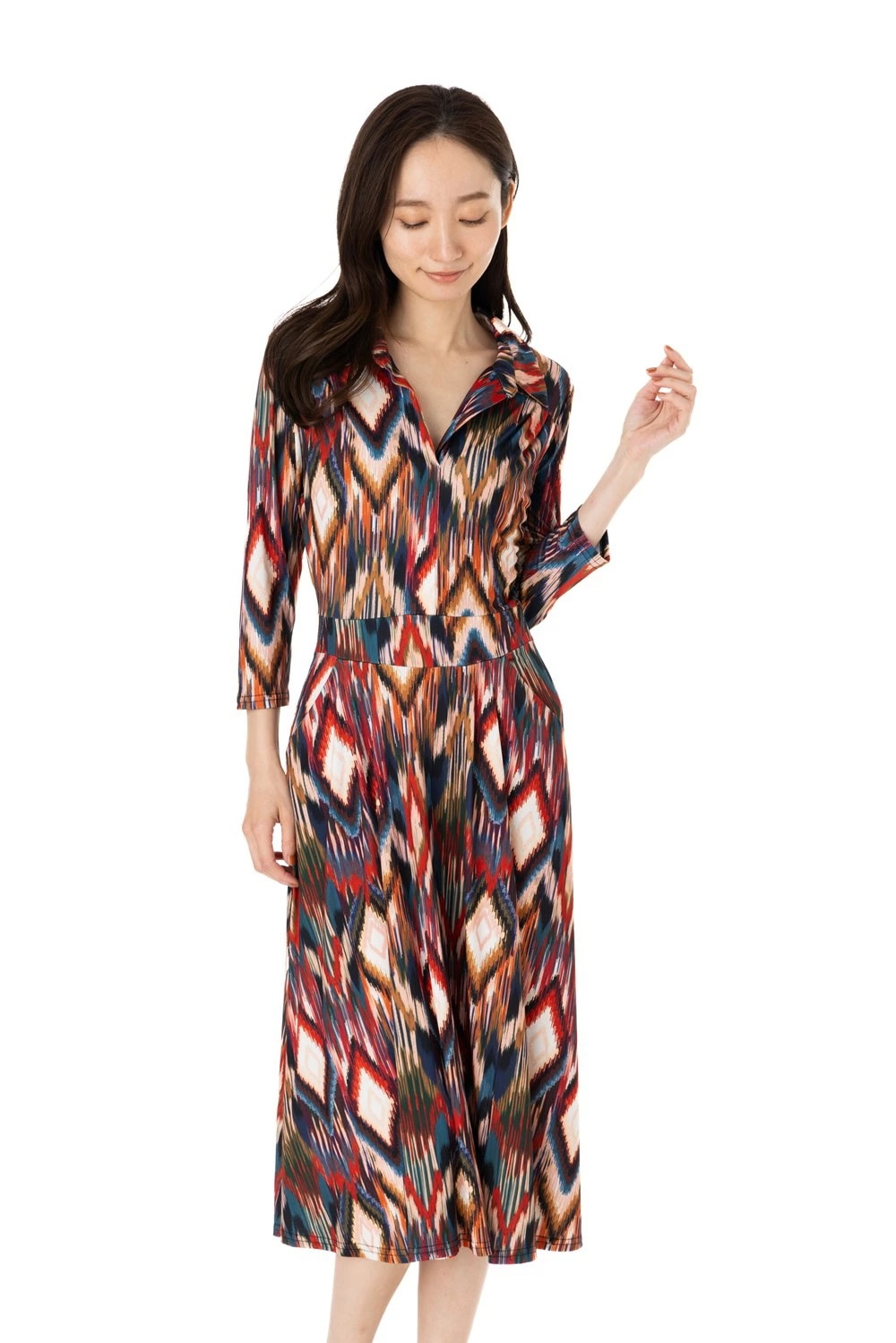 エジェリワンピース EGERIEワンピース T1 T2 T3サイズ 七分袖 ミモレ丈ワンピース 幾何柄 襟 ジャージー インポートワンピース マルチ