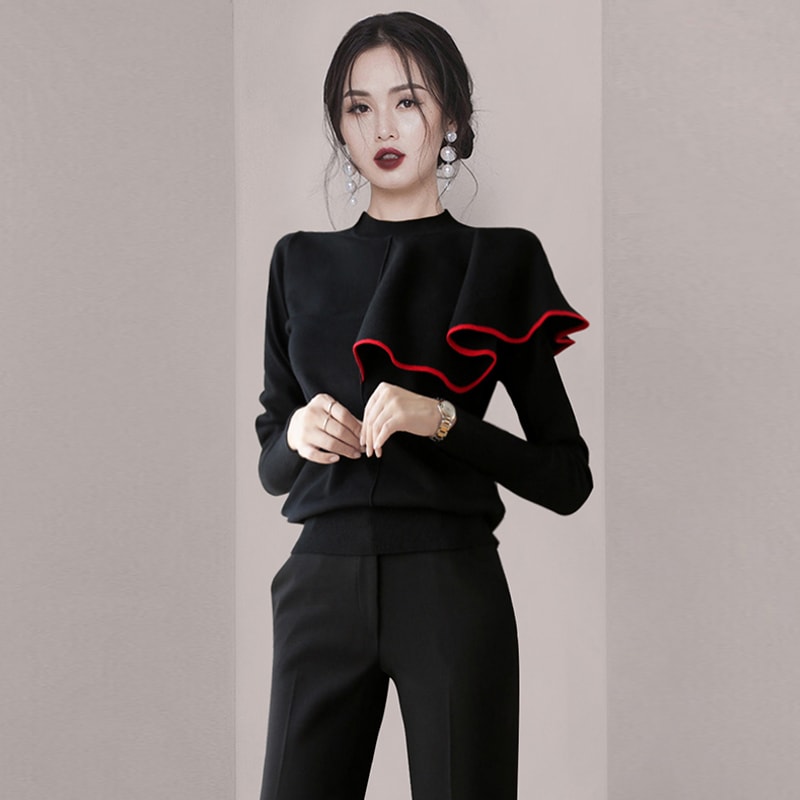 トップス Tシャツ ニットソー 袖あり 長袖 クルーネック アシンメトリー フリル ポリエステル ニット かわいい 大人可愛い きれいめ シンプル カジュアル 大人 上品 おしゃれ お洒落