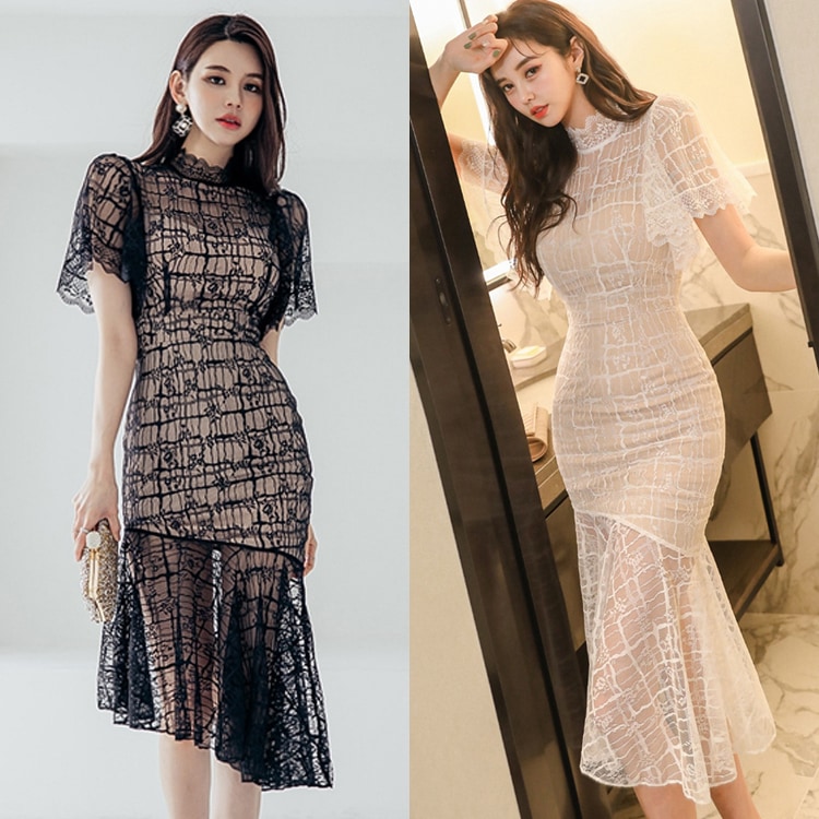 レース パーティードレス 膝丈 半袖 2色 レディース ワンピース ハイネック タイト スリム マーメイド 透け感 シースルー 大人可愛い きれいめ おしゃれ ラグジュアリー 無地 春 夏 謝恩会