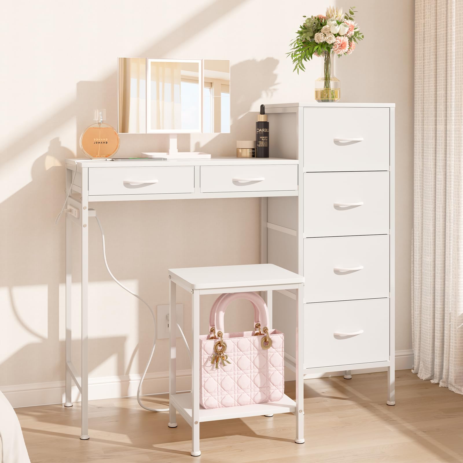 ドレッサー コンパクト ミラー付き 3色LEDライト 明るさ無段階調整 3点セット 引き出し6つ付き コンセント付き スツール付き 組立簡単 椅子付き 幅89×奥行き30×高さ86cm 鏡台 女優ミラ