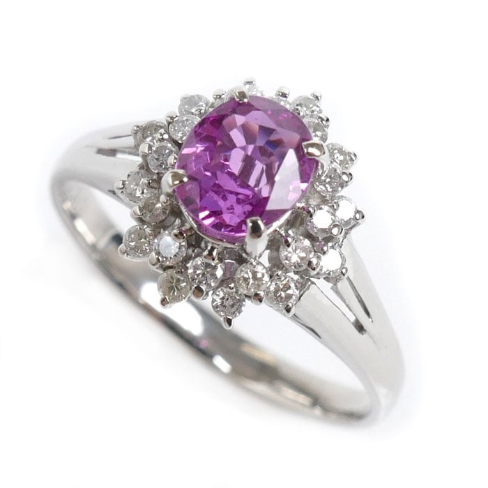 Pt850プラチナ リング指輪 ピンクサファイア1.14ct ダイヤモンド0.30ct 16号 5.3g レディース 中古