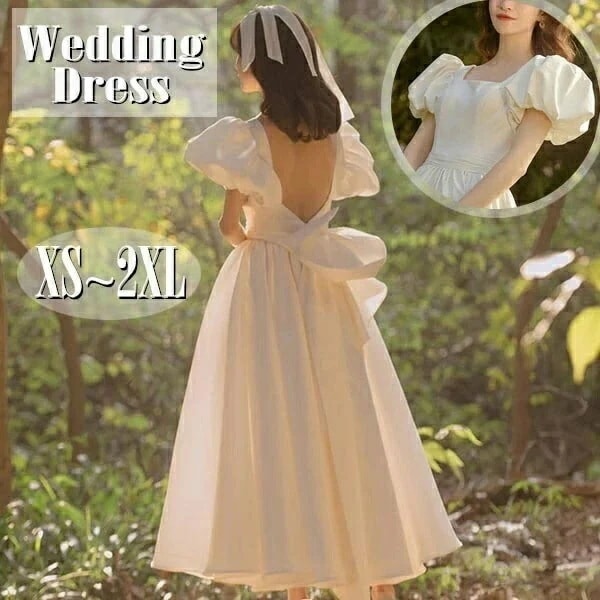 ウェディングドレス ドレス 結婚式 花嫁 ミモレ丈 ミディ丈ドレス スクエアネック オープンバッグ バックレスドレス パフスリーブ バルーン袖 白 アンティーク クラシカル ピアノ ガーデンウェディン