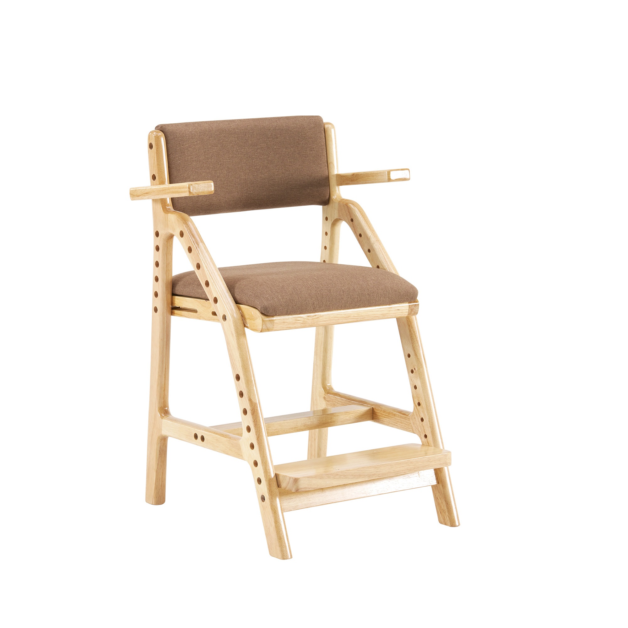 ブラウン 肘あり　学習チェア 学習椅子 木製 姿勢 子供 キッズチェア ハイチェア ダイニングチェア 椅子 高さ調整 シンプル コンパクト 組立て 板座 足置き