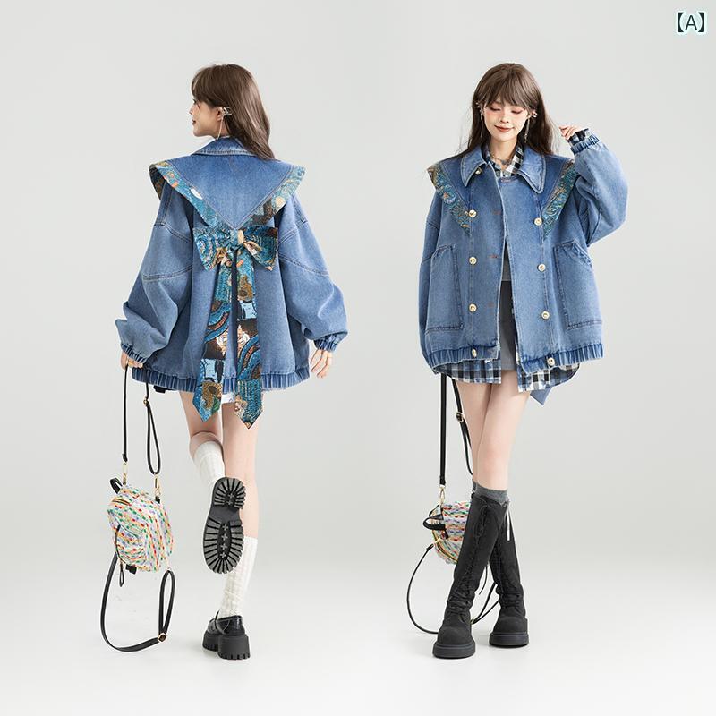 チェック柄 シャツ レディース KEIKO 花柄 チャイナ風雲肩 デニムジャケット レディース 25 春 リボン 飾り ジャケット トップス