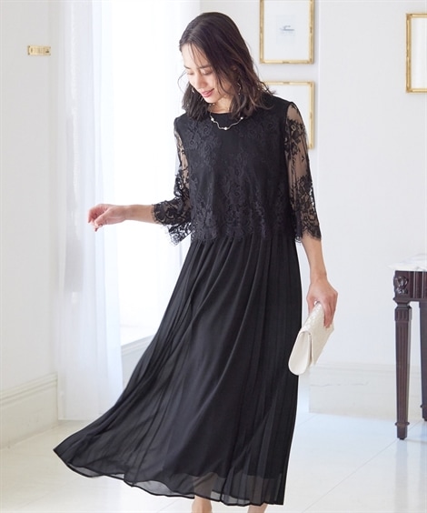 【結婚式パーティードレス】レース切替サイドプリーツワンピースドレス大きいサイズ有