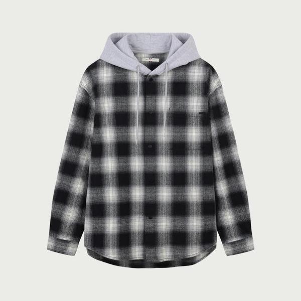 HC04 コットン オーバーフィット フード チェック コットン オーバーフィット ワンポケット フード チェック シャツ_ブラック 105 (S44495728)