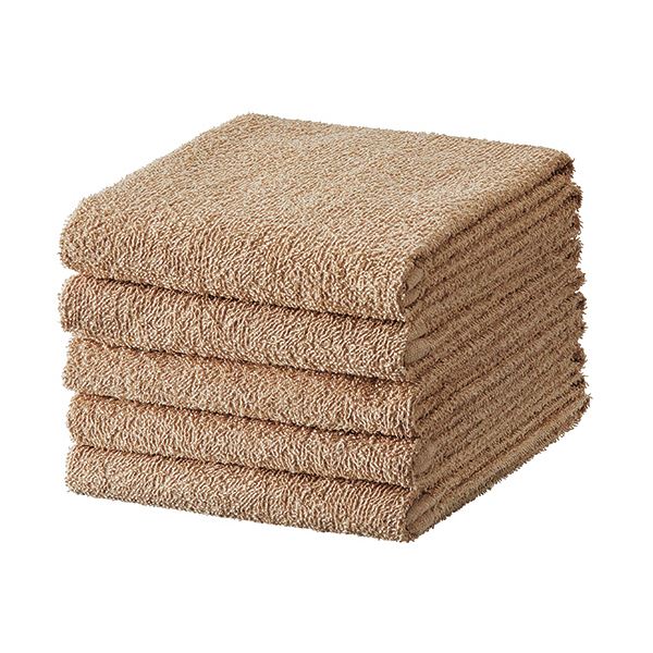 （まとめ） TANOSEEフェイスタオル ライトブラウン 1パック（5枚） [x10セット]