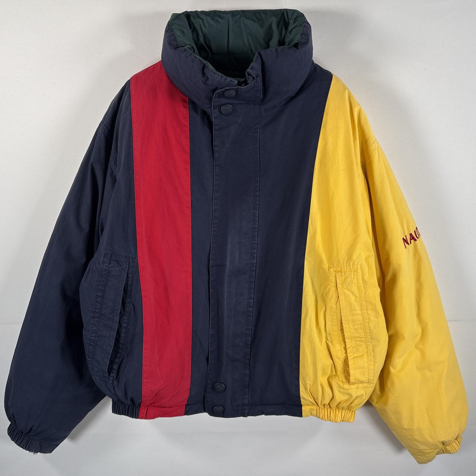 古着 90s/90年代 ダウンジャケット リバーシブル ワンポイントロゴ刺繍 L ネイビー グリーン マルチカラー メンズ