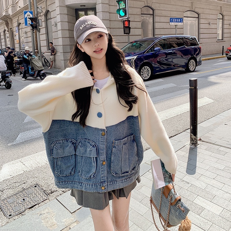 カウボーイ スプライシング フード付き ニット ジャケット 2024 新しい大学スタイル緩い百年齢削減ニッチ トップス