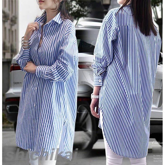 シャツ レディース 春夏 長袖 ボーダー柄シャツ ミディアム丈トップス UVカットカーディガン ロングガウン 紫外線カット ブラウス 大きいサイズ 体型カバー