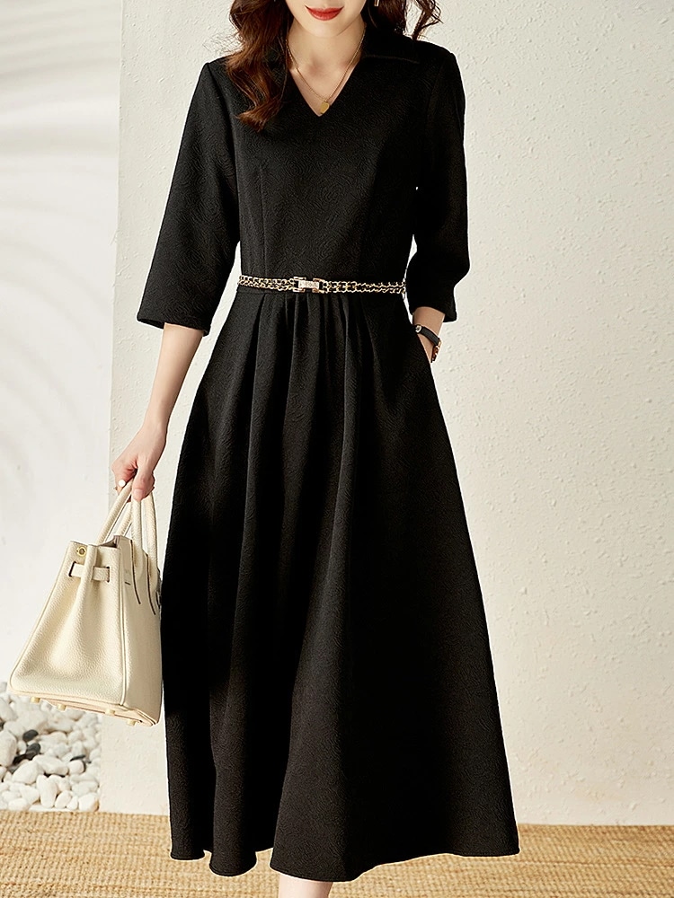 一部 フォーマルドレス7分袖秋ワンピース エレガント ロングワンピース ジャガード刺繍ドレス 刺繍パーティードレス Aラインワンピース パーティードレス ドレス ミモレ丈ドレス ロングワンピース 卒園