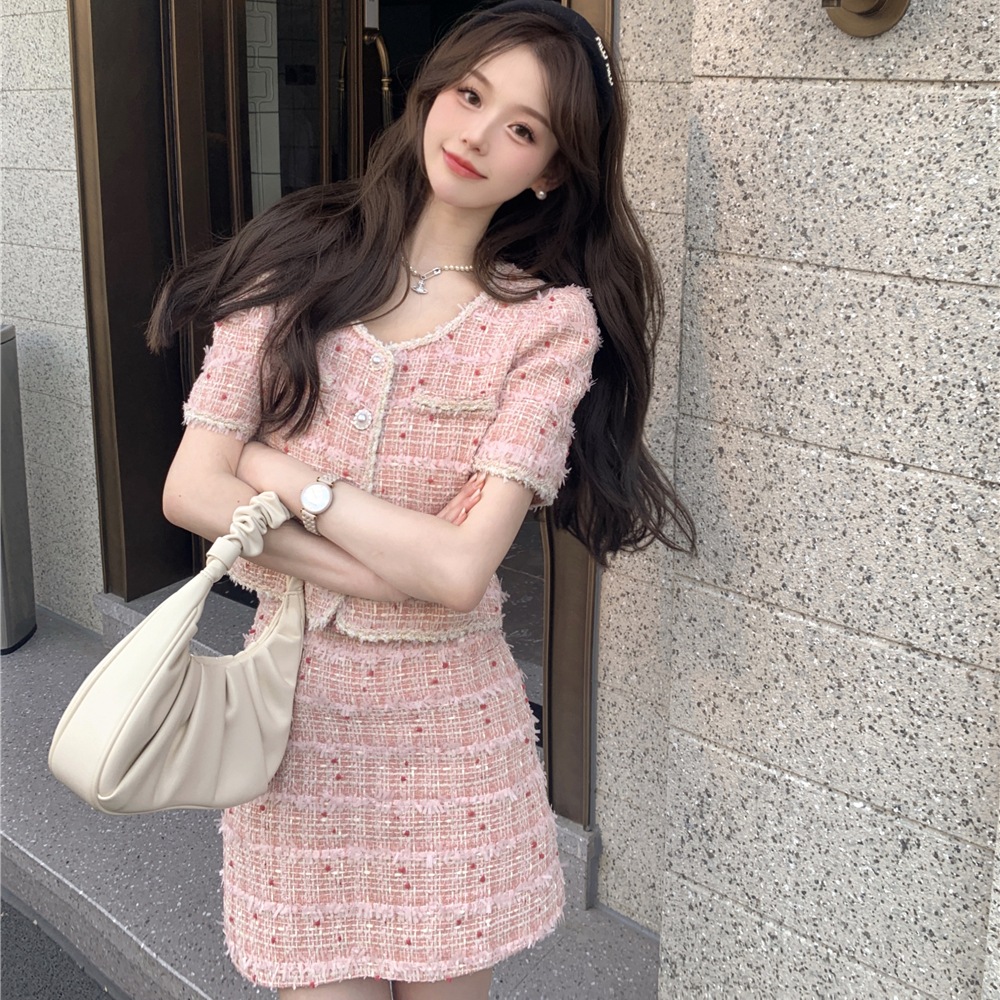 【セットアップ】ツイード 半袖ジャケット＋ハイウエスト ミニスカート ツーピース set up ツイードセットアップ レディース 可愛い お出掛け デート スカート ジャケット a4847