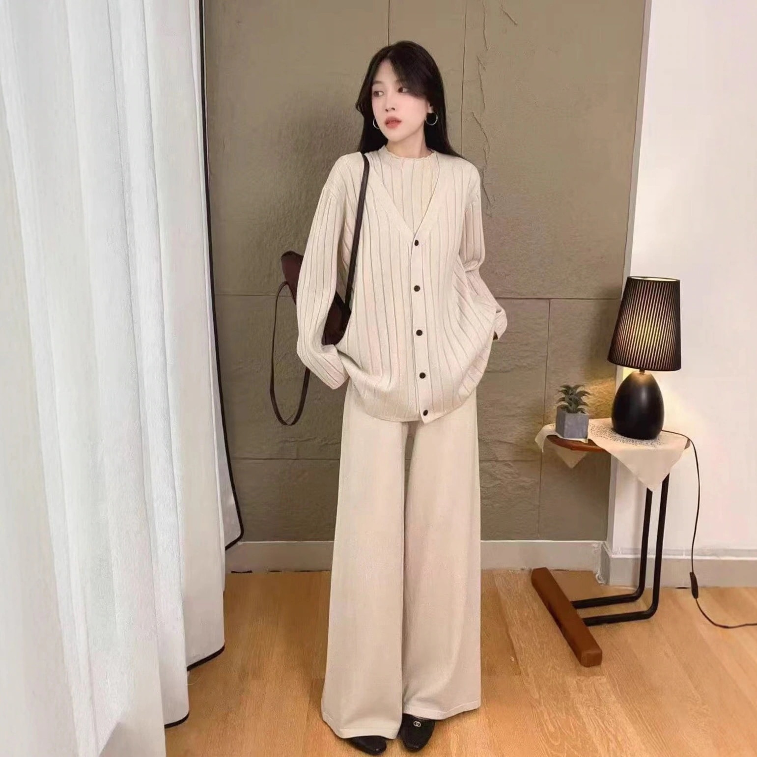 縦縞ニット3点セット女2025秋冬ベストカーディガンコートストレートパンツセットセットアップ