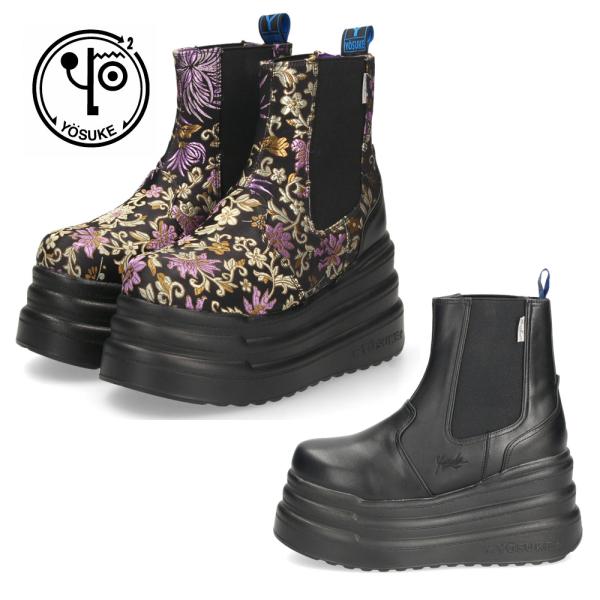 ブーツ レディース 厚底 3E ゆったり 幅広 サイドゴア ヨースケ YOSUKE 2710026 ショートブーツ 黒 チャンキーソール ブラックマルチ 靴