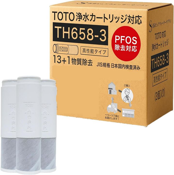 互換品PFOS及びPFOA除去対応TOTO対応のカートリッジ 14項目除去 浄水カートリッジ TH658-2 TH658-3 高除去タイプ 浄水器兼用混合栓用 浄水器専用 (3本セット)