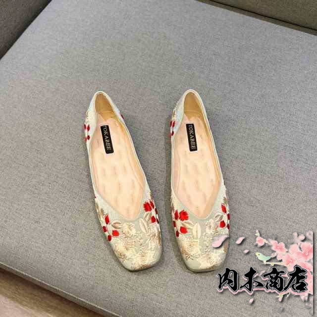 刺繍 パンプス 痛くない ぺたんこ バレエシューズ ローヒール 夏 フラットパンプス 走れる スクエアトゥ Vカット 通勤 パンプス オフィス