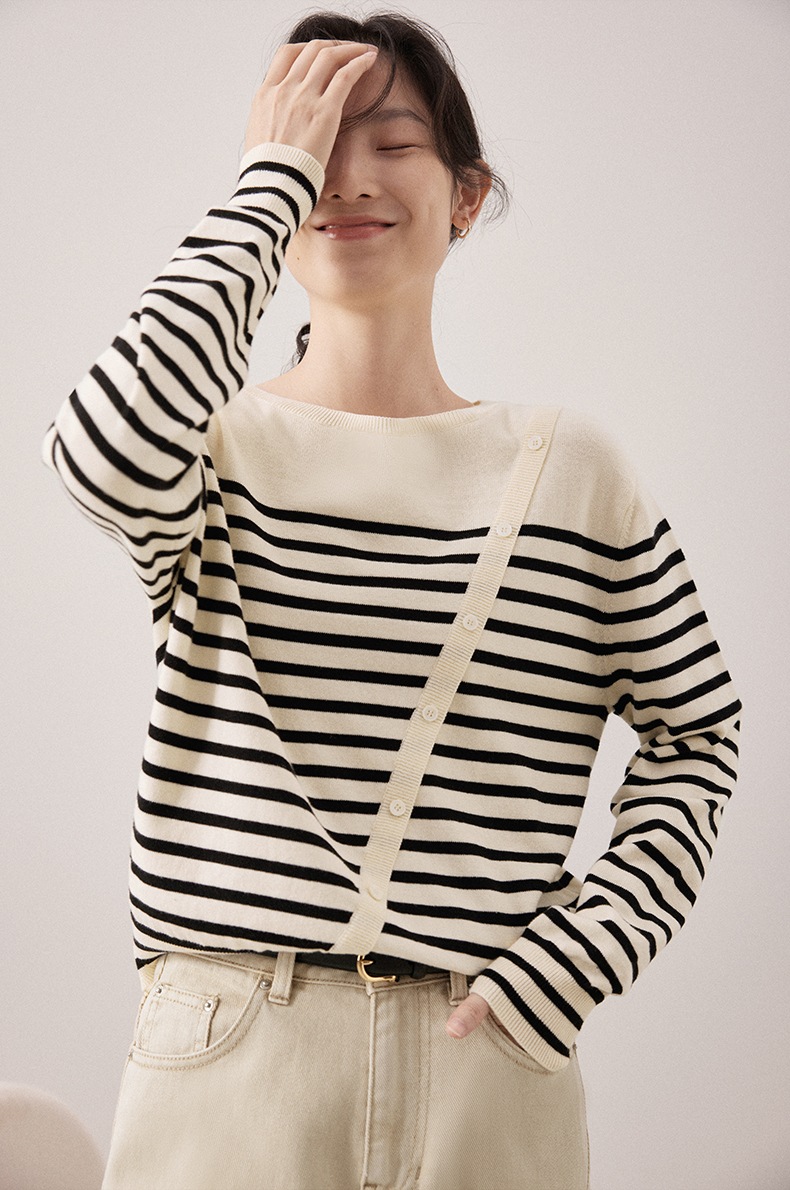 レディース カジュアル ストライプ セーター 女性 秋 冬 デザイン ラウンド ネック トップ スタイル ブラック S M L トップス 袖あり かわいい 大人可愛い きれいめ シンプル カジュアル