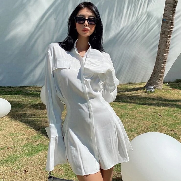 ワンピース レディース シャツ 白シャツ ミニスカート プリーツスカート フレアスカート ミニ ミニ丈 ショート ショート丈 膝上 袖あり 長袖 襟付き Vネック スリム 細身 ハイウエスト