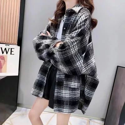 チェックシャツミディアムカーディガントップスラシャコート韓国版秋冬レディースシャツ
