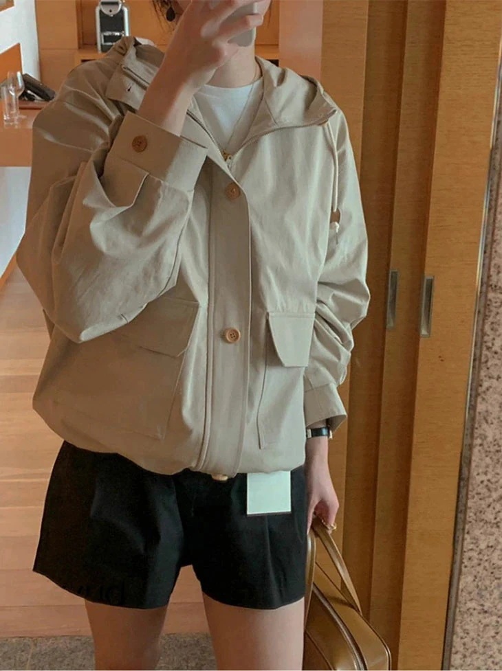 ジャケット レディース 秋 ショート丈 トレンチ ジャケット レディース フード付き ダブルポケット トレンチコート お洒落 カジュアル 春 秋 トレンチジャケット ショートジャケット 韓国ファ