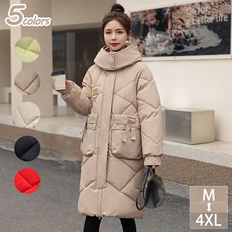 ダウンコート レディース コート ジャケット ライトダウン 膝丈 厚手 冬アウター 軽量 フード付き おしゃれ かわいい シンプル 無地 細身 暖かい トップス 防寒着 上着 体型カバー レディースフ