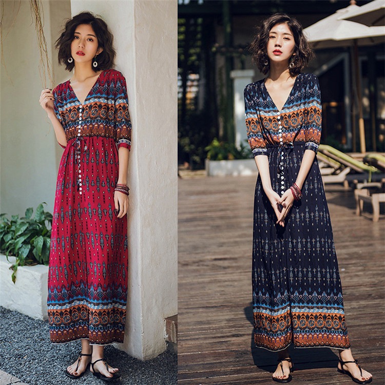 10%オフクーポン使えますレディース 新作 2019 春夏 ワンピース ボヘミアン タイ風 民族風 7分袖 バカンス 毎年春夏人気のクラシックタイプ！