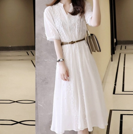 ナチュラル ハイウエスト レースワンピ フェミニン エレガント シンプル ワンピース デート レースワンピース ミモレ ミモレ丈 ミディアム丈 ミドル ミドル丈 袖あり 半袖 Vネック 襟なし
