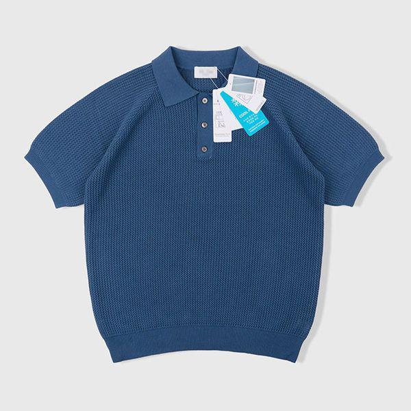 男性ピーナッツカラーネック透かし編み半袖ニットTシャツ AT KNH Q013 ブルー_P422768701
