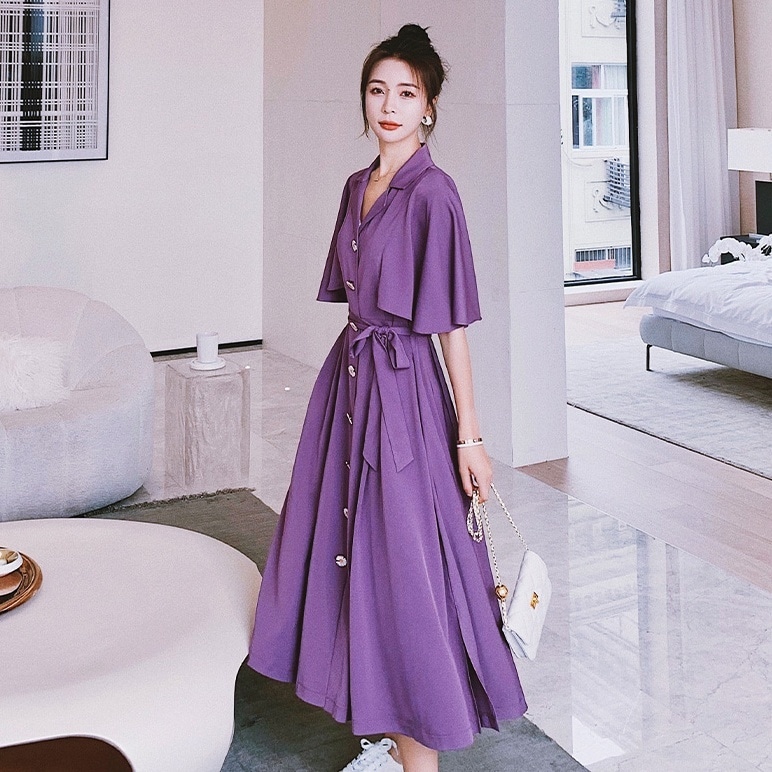 ドレス ワンピース ロングドレス ワンピドレス ロング丈 5分袖 フレアスリーブ Vネック 襟付き 8,407円