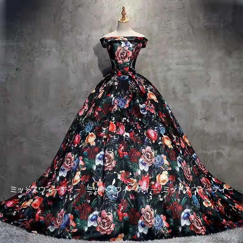 演奏会用ロングドレス カラードレス ステージドレス 発表会 花柄 プリント オフショルダー コンクー